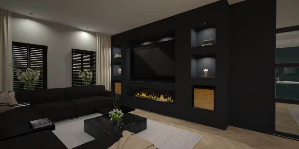 3D ontwerp limburg, Virtual Reality, art impression, woonkamer, inbouwkast, tv kamer, zwart