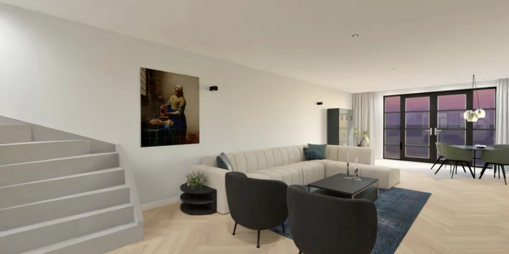 Een 3D-weergave van een woonkamer met trappen. 3D ontwerp modelwoning, art impressions, virtual reality, VR