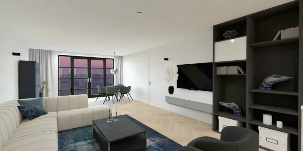 Een weergave van een woonkamer met een bank en tv. 3D ontwerp modelwoning, art impressions, virtual reality, VR