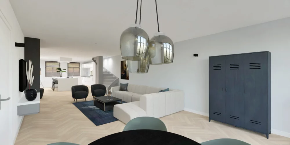 Een 3D-weergave van een woonkamer en eetkamer. 3D ontwerp modelwoning, art impressions, virtual reality, VR