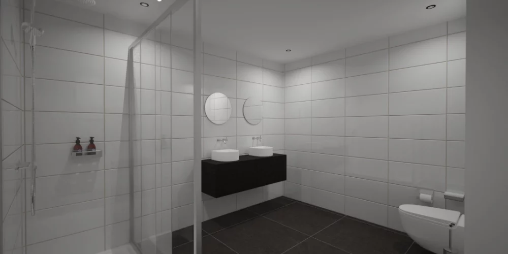 Een 3D-weergave van een badkamer met betegelde wanden. 3D ontwerp modelwoning, art impressions, virtaul reality