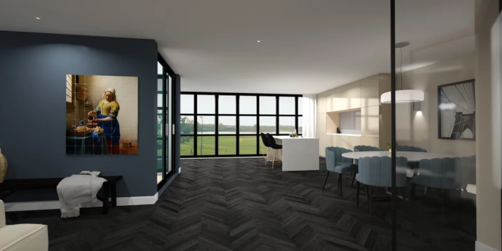 Een 3D-weergave van een woonkamer.Een 3D-weergave van een woonkamer met blauwe muren. VR-ontwerp, virtual reality