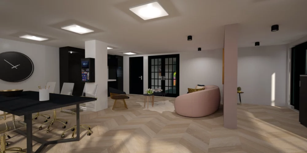 Een 3D-weergave van een kantoorruimte. VR, Virtual Reality