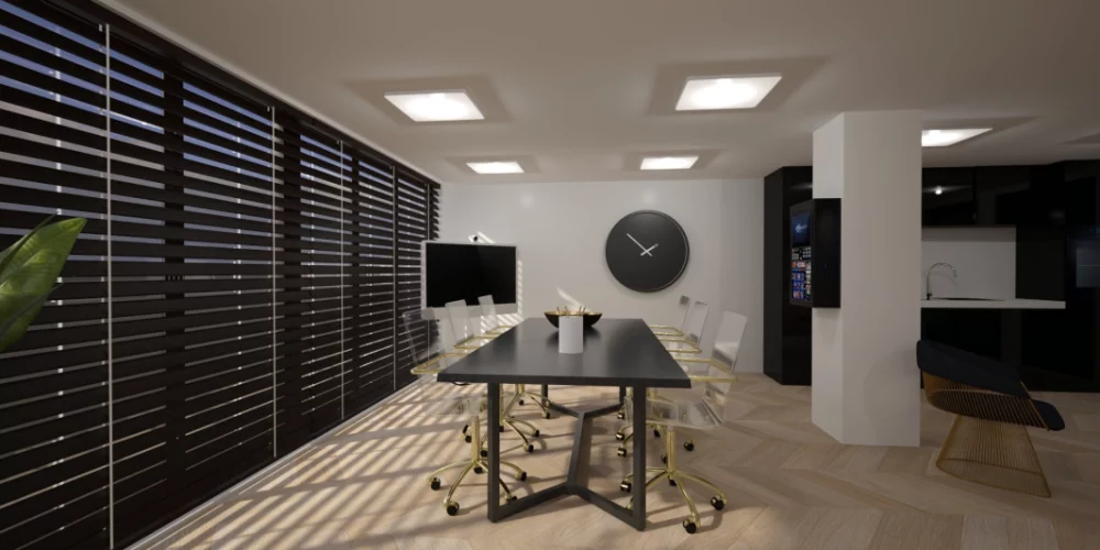 Een 3D-weergave van een kantoorruimte. VR, Virtual Reality