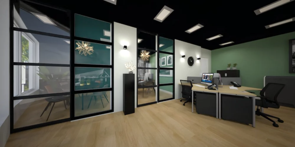 art impression kantoor Ridderkerk, Virtual reality ontwerp makelaarskantoor, balie, zwart plafond, taatsdeuren