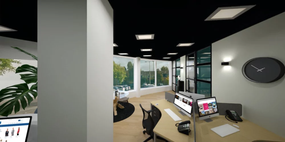 art impression kantoor Ridderkerk, Virtual reality ontwerp makelaarskantoor, balie, zwart plafond, taatsdeuren