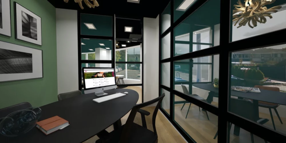 art impression kantoor Ridderkerk, Virtual reality ontwerp makelaarskantoor, balie, zwart plafond, taatsdeuren, skyline rotterdam behang