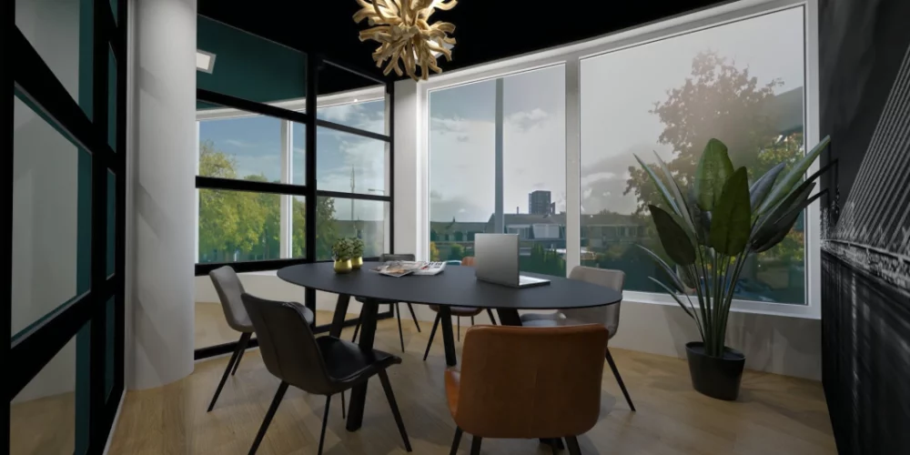 art impression kantoor Ridderkerk, Virtual reality ontwerp makelaarskantoor, vergaderruimte, zwart plafond, taatsdeuren