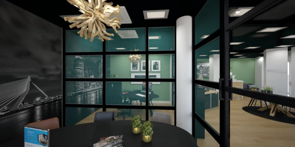art impression kantoor Ridderkerk, Virtual reality ontwerp makelaarskantoor, vergaderruimte, zwart plafond, taatsdeuren