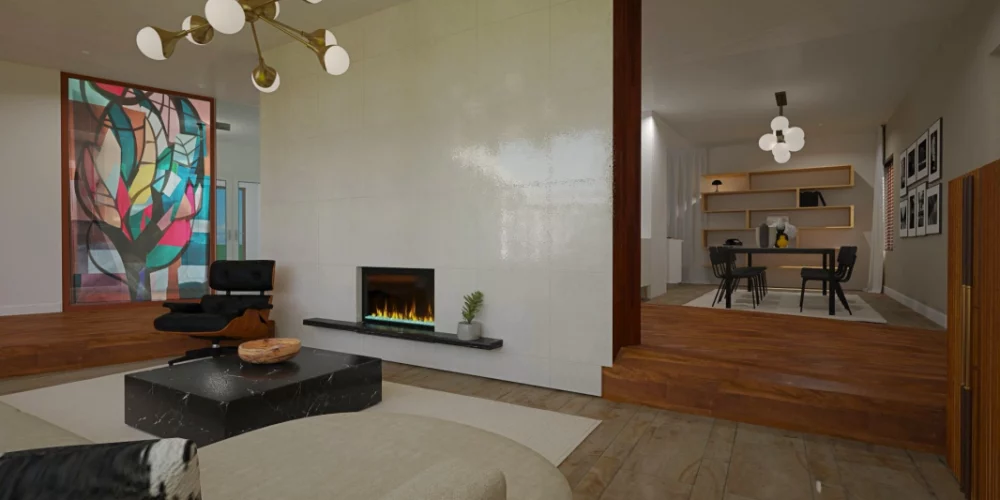 Een moderne woonkamer met een open haard. art impression villa, bungalow, voorthuizen, 3D ontwerp, virtual reality, leefkuil