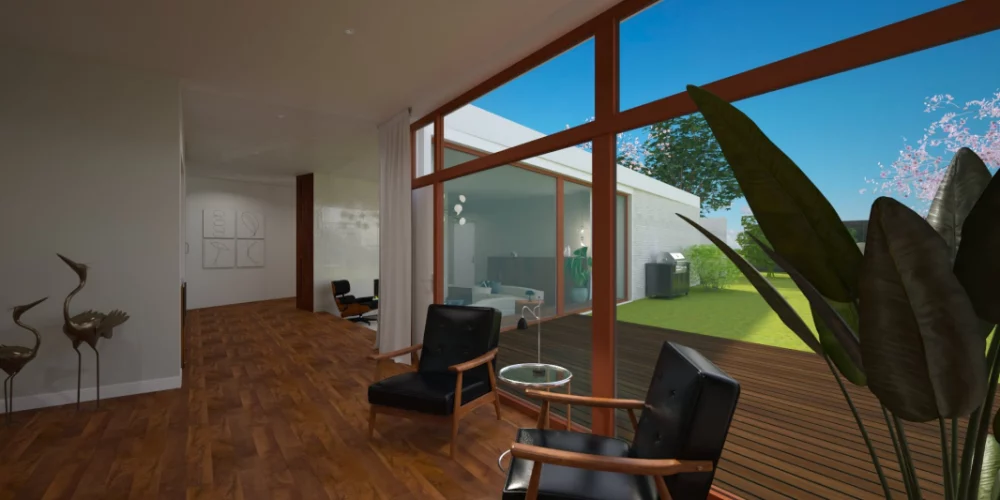 Een 3D-weergave van een woonkamer. art impression villa, bungalow, voorthuizen, 3D ontwerp, virtual reality