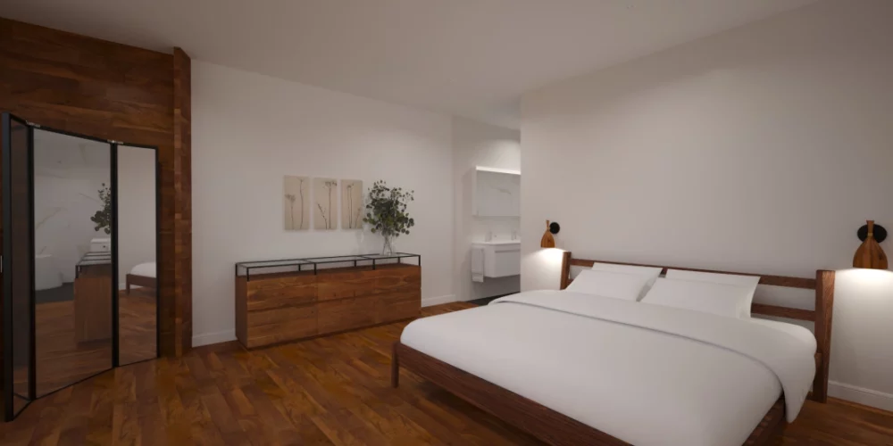 Een 3D-weergave van een slaapkamer met houten vloeren en een wit bed. art impression villa, bungalow, voorthuizen, 3D ontwerp, virtual reality