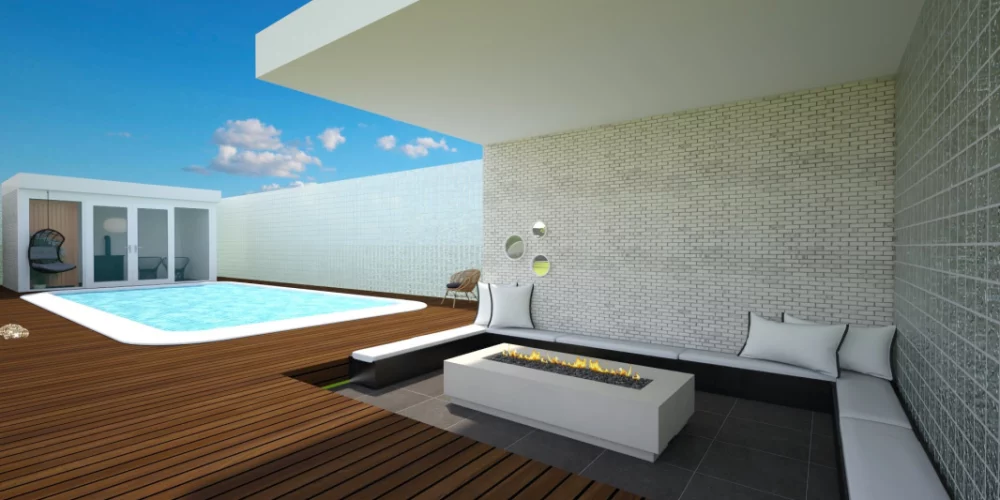 Een 3D-weergave van een patio met een zwembad. art impression villa, bungalow, voorthuizen, 3D ontwerp, virtual reality