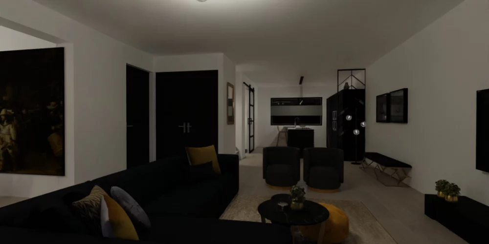 Een zwart-witte woonkamer met een schilderij aan de muur.