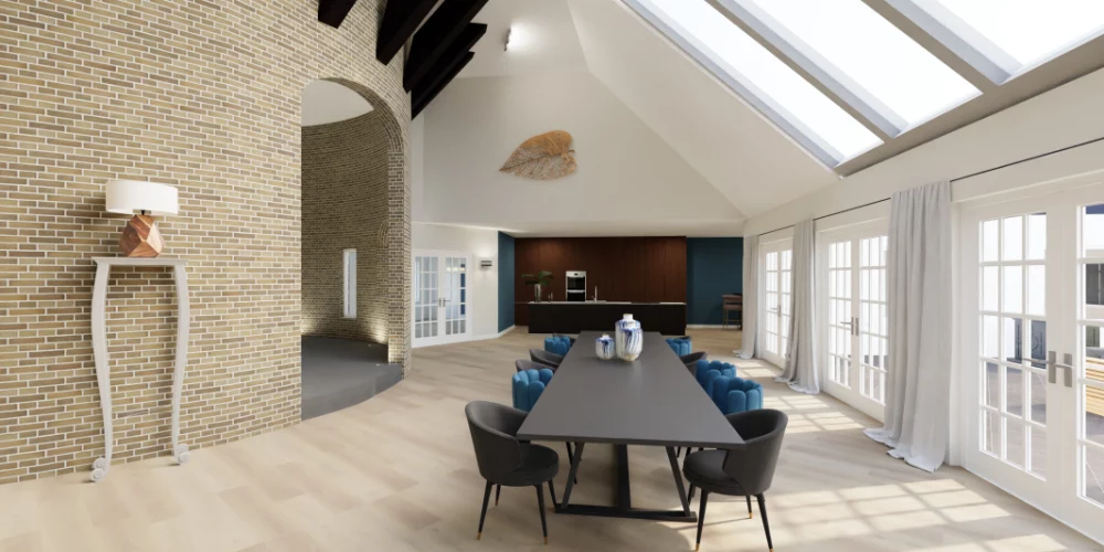 de perfecte verbouwing molen Krimpen, van restaurant naar woonhuis, Virtual Reality ontwerp, lange eettafel