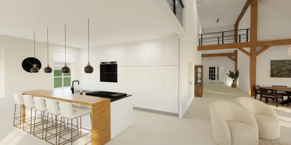 de perfecte verbouwing van woonboerderij Nijeveen, art impression woning, Virtual reality ontwerp, 3D ontwerp, woonkamer, keuken